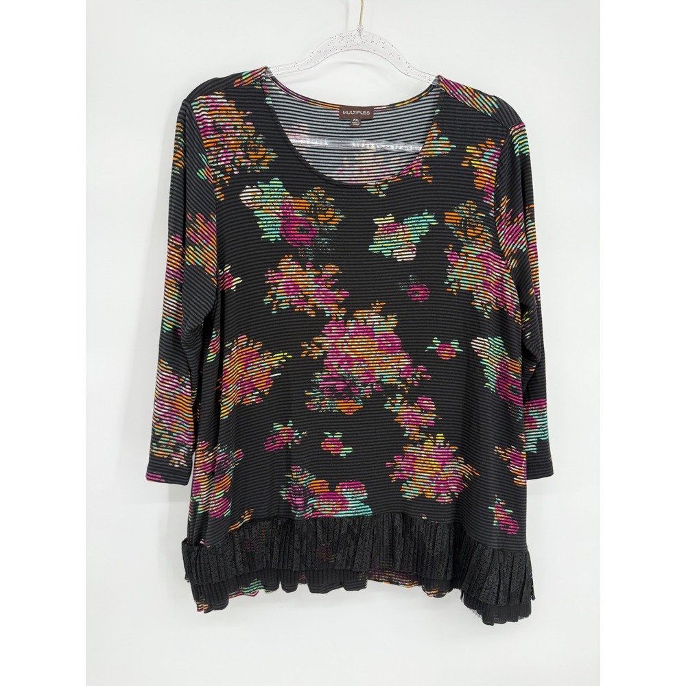 Multiples Womens Sz PXL Black Striped Floral Lace Ruffle Hem 3/4 Sleeve Top